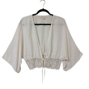 Rebellion Again Kimono Crop Top Womens White With Lace Trim & Tie Closure Size L